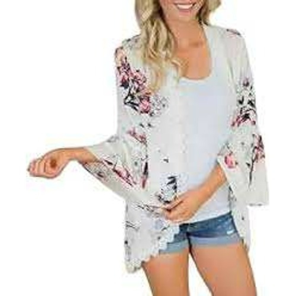 Cupshe Sheer Floral Crocheted Lace Back Kimono Wrap Cover-Up Blouse L